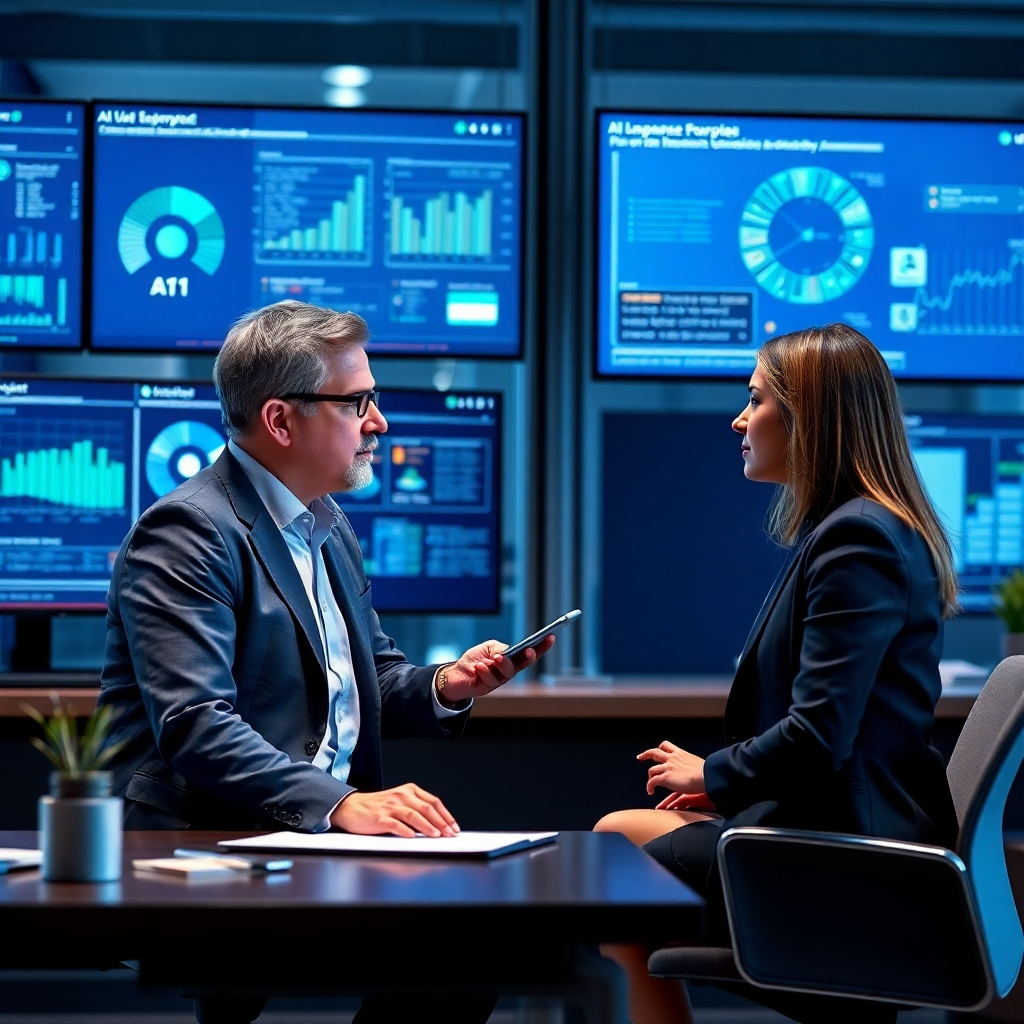 Create an image showcasing a consultant advising a client on AI solutions. The scene should depict a modern office environment with screens displaying data visualizations and AI-powered applications. The consultant and client should appear engaged and collaborative. The color palette should be professional and trustworthy, using blues, greens, and greys. Lighting should be well-lit and focused, emphasizing the expertise and guidance being provided. Render in high quality, focusing on clear details and realistic interactions.