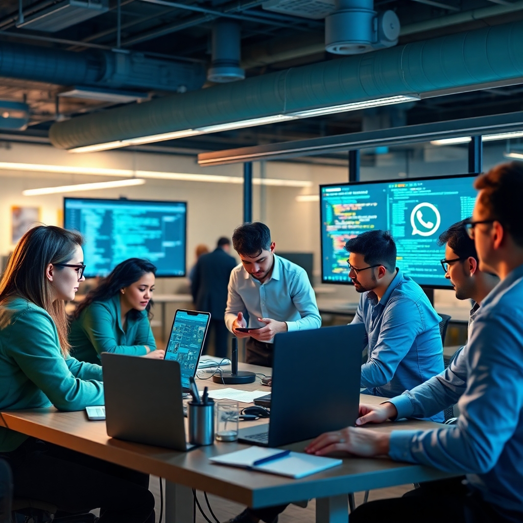Create an image showcasing a team working together on a project, focused on deploying an AI solution for WhatsApp. The team should appear organized, collaborative, and efficient. The environment should be a modern office setting with screens displaying code and data visualizations. The color palette should be professional and inviting, using blues, greens, and greys. Lighting should be well-lit and focused, emphasizing the productivity and expertise of the team. Render in high quality, focusing on clear details and realistic interactions.