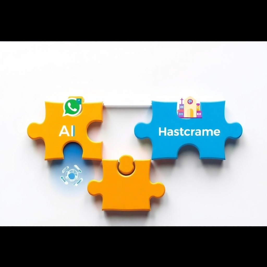 Create an image showing pieces of a puzzle with icons representing AI, WhatsApp, and business integration seamlessly fitting together. The pieces should be brightly colored and visually distinct, highlighting the ease of integration. The background should be clean and minimalist, focusing on the interconnectedness of the pieces. The style should be modern and approachable, emphasizing simplicity and ease of use. Render in high quality, focusing on clear and defined edges.