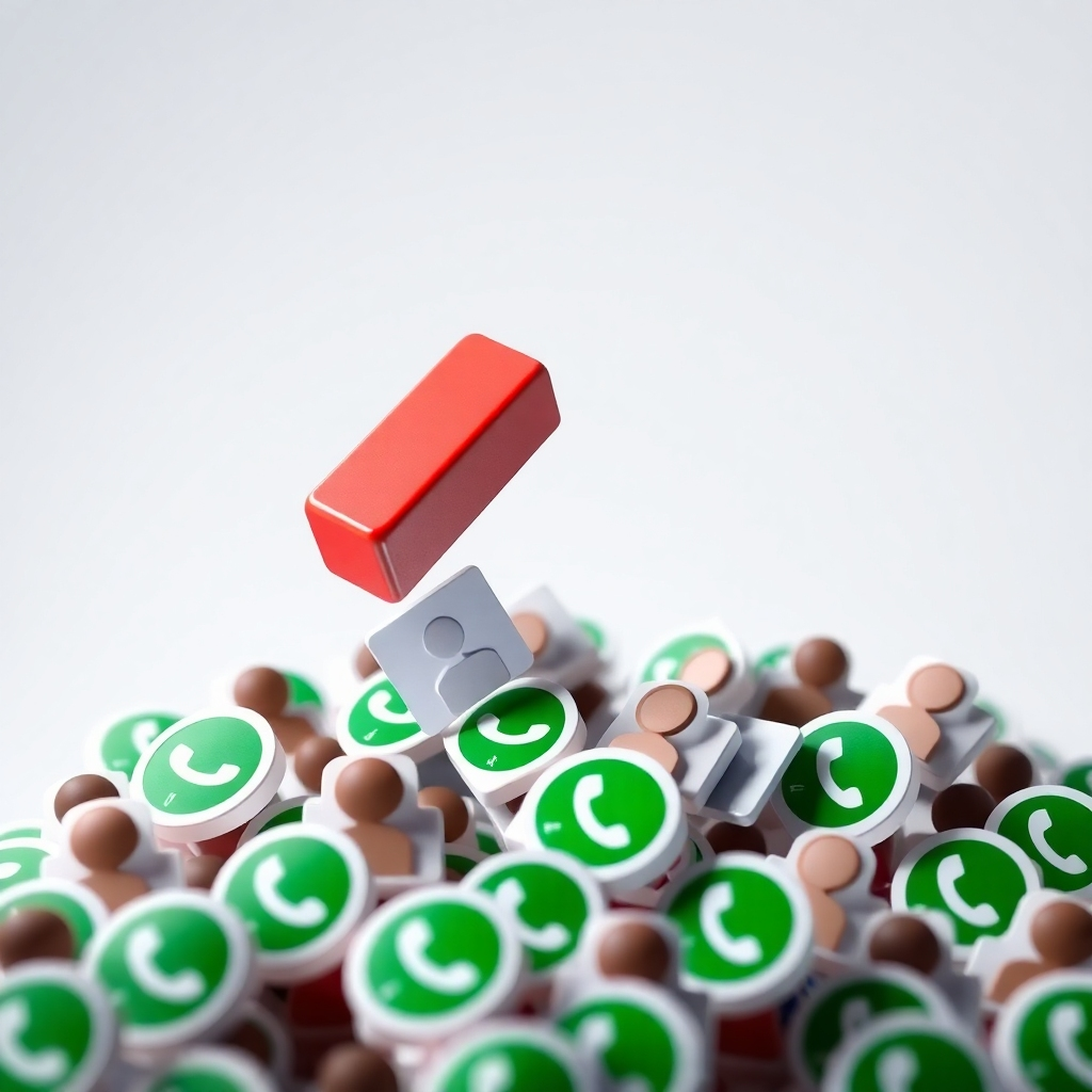 Design an image symbolizing the extraction of contacts from WhatsApp groups. A stylized magnet is hovering over a cluster of WhatsApp group icons, selectively pulling out individual contact cards. The background should be clean and minimal. The lighting should be focused on the magnet and the contact cards, emphasizing the extraction process. The style is clean and modern, representing precision and targeting. Camera angle: a close-up shot to showcase the magnet and the contact cards.