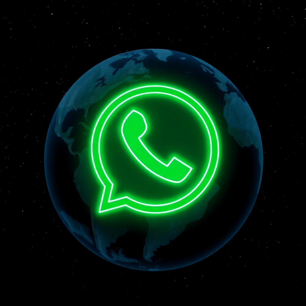 Imagine a stylized image that shows the globe partially lit by a neon WhatsApp logo highlighting 24/7 availablity. The globe should be depicted in a dark, starry night setting, emphasizing the continuous availability of AI agents around the clock. The color scheme consists of deep blues and greens from the lit WhatsApp logo. The style should communicate global reach and nonstop accessibility. Render in 4k with high details