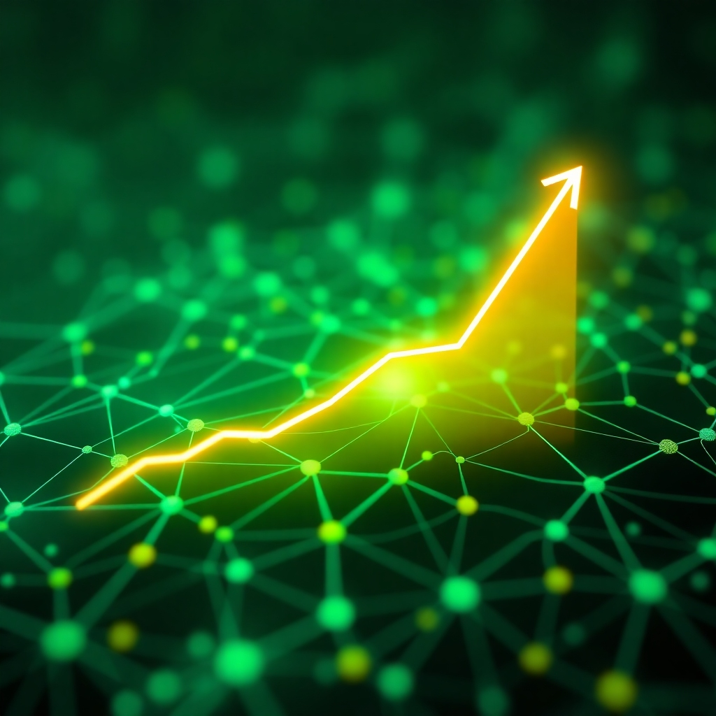 Imagine a visual representation of continuous optimization. The image should feature a graph with upward-trending lines, representing improved performance over time. The graph should be overlaid on a background depicting a network of interconnected nodes, symbolizing the AI system being optimized. The color palette should use greens and blues to represent growth and efficiency, with accents of yellow and orange to highlight key areas of improvement. Lighting should be dynamic and forward-moving, indicating progress and continuous development. The overall style should be modern and data-driven, emphasizing the importance of monitoring and optimization. Render in high quality, focusing on smooth gradients and visual clarity.