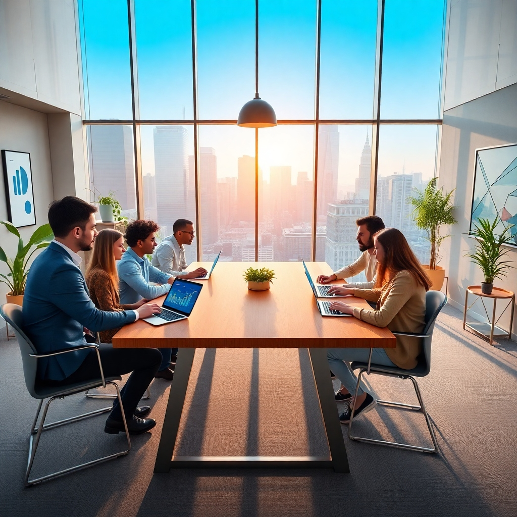 Photorealistic image, 8K resolution, hyperrealistic style. A high-angle, wide shot of a modern, sleek office space with large windows showcasing a vibrant city skyline. The scene is brightly lit by natural sunlight streaming in from the windows, creating a warm, inviting atmosphere. The color palette is clean and modern, with accents of blue and green. The mood is energetic and positive, reflecting success and innovation. In the foreground, a diverse team of professionals is collaborating around a large table, engaged in a brainstorming session; laptops and tablets are open, displaying charts and graphs. The table is made of polished wood, with sleek metal legs. The walls are a light gray with minimalist decorations. Subtle textures are visible; the wood grain on the table, the weave of the carpet underfoot. Background details include plants, modern artwork and abstract designs visible in the office environment. The overall look and feel should be reminiscent of high-end technology companies and successful startups in the Bay Area. Props include high-tech gadgets like smartphones and tablets featuring the Tráfego Express logo subtly integrated in the UI mock-ups. Style references: Apple, Google, Facebook offices, WeWork, architectural photography of modern office buildings., ultra high resolution, photorealistic, 8K, hyperdetailed, cinematic lighting