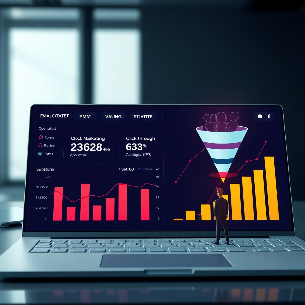 Photorealistic image of a professional-looking email marketing campaign dashboard with positive key performance indicators (KPIs), such as high open rates and click-through rates. The background shows a stylized graphic representing a successful email marketing funnel, with people converting into customers at the end.