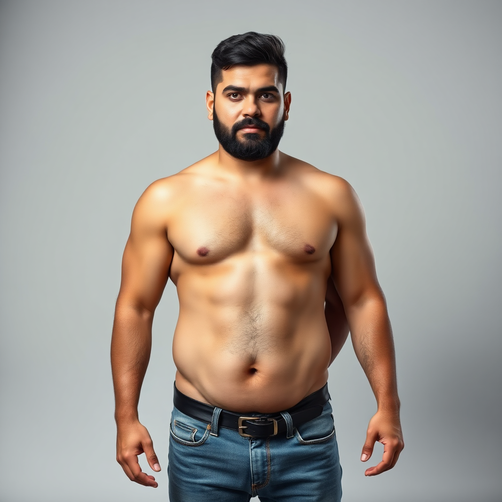 Man standing shirtless in jeans against a light gray background