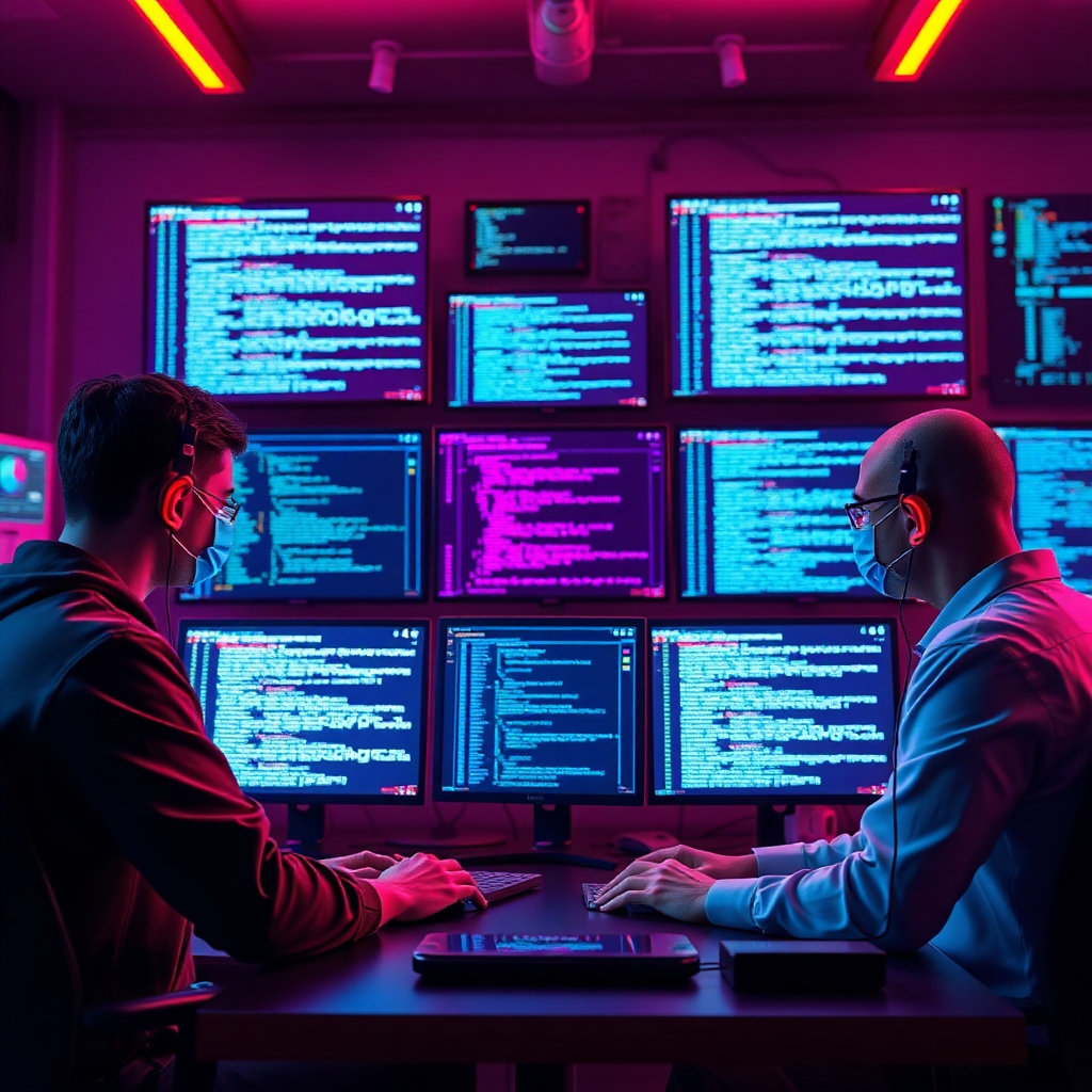 Visualize a development team coding, designing and testing AI Agents. Focus on various screens showing complex codes and output of the design. Use a neon colored lighting that highlights the AI elements. Render in high quality with attention to details.
