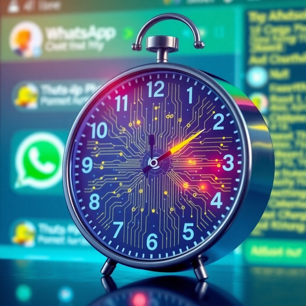 Visualize a photorealistic image of a clock with AI circuit patterns embedded on the clock face. The hands of the clock are moving extremely quickly, signifying the speed and efficiency of AI agents in responding to inquiries. The background features a blurred WhatsApp chat interface, emphasizing the context of rapid communication. The color palette should be dominated by blues and greens, with accents of bright yellow to highlight speed and responsiveness. Lighting should be dynamic and energetic, conveying a sense of urgency and efficiency. Render in high quality, focusing on the intricate details of the circuit patterns and the dynamic movement of the clock hands.