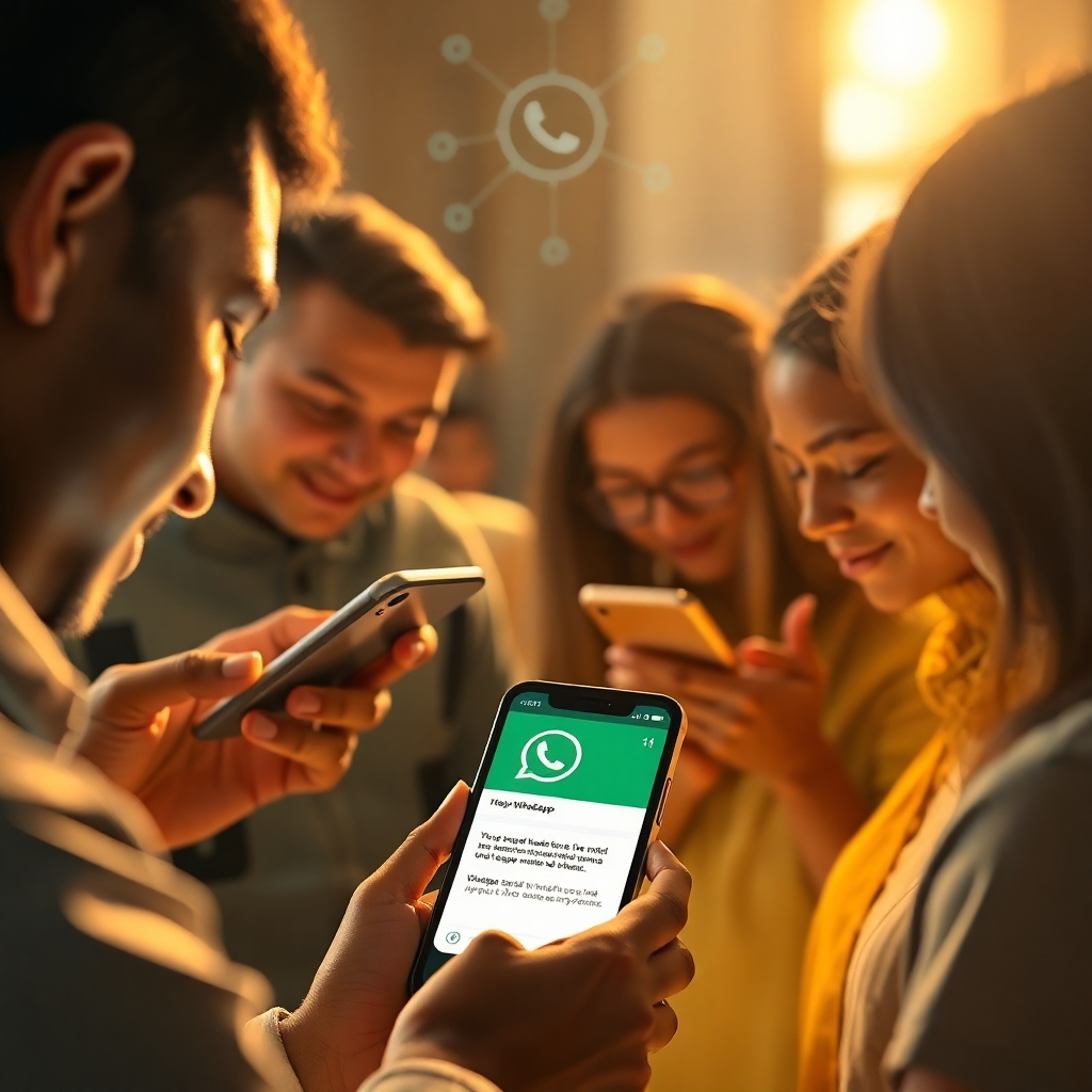 Visualize a photorealistic image of a diverse group of people interacting with a WhatsApp interface on their smartphones. Each user is receiving a personalized response, indicated by unique and contextually relevant messages displayed on the screen. The lighting should be warm and inviting, emphasizing the positive and helpful nature of the interaction. Background elements should include subtle data visualizations and connectivity symbols to reinforce the AI-powered personalization. Style should evoke a sense of convenience, efficiency, and human connection. Render in high quality, focusing on clear details and realistic expressions.