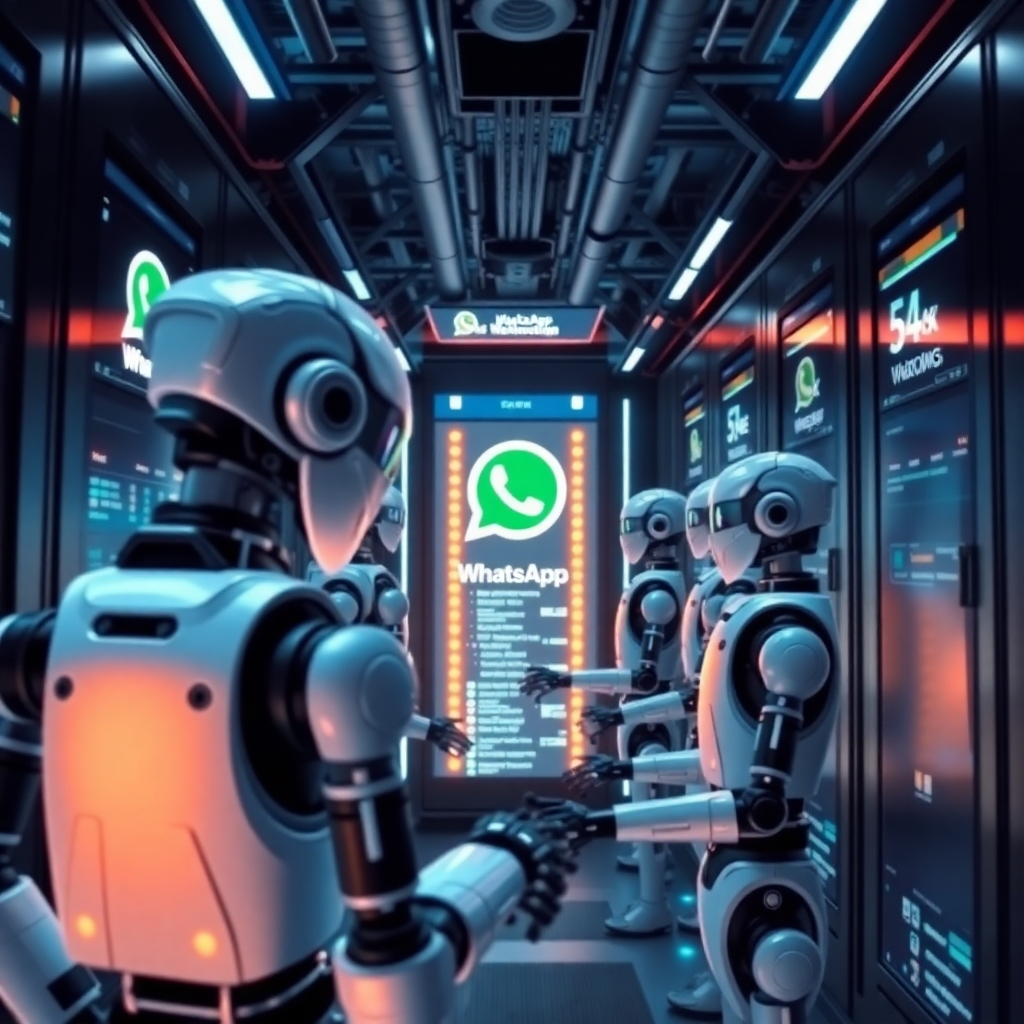 Visualize an automated WhatsApp marketing system. Depict a futuristic server room with robots efficiently managing and sending WhatsApp messages. The robots are working in a synchronized manner, and the server room is filled with glowing lights and digital displays. The style should be futuristic and efficient, conveying the power of automation. Camera angle: a wide shot to showcase the scale and efficiency of the automated system. Colors: blues and silvers to represent technology and automation.