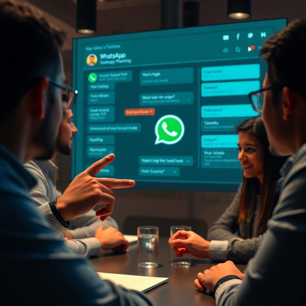 Visualize an image of a group strategizing. Focus on a person pointing at the display that showcases a detailed plan of a WhatsApp conversation with possible scenarios and outcomes. Highlight AI and strategic planning. Focus on realistic lighting and colors. Use 4K resolution and hyperrealistic detail.
