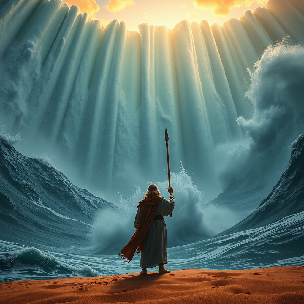  Una impresionante representación fotorrealista de Moisés extendiendo su bastón sobre el Mar Rojo, provocando la separación de las aguas. La escena transcurre al amanecer, con los primeros rayos de sol iluminando las imponentes paredes de agua. Moisés se yergue en primer plano, una figura fuerte y decidida, con su bastón alzado hacia el cielo. La composición debía ser amplia y épica, mostrando la inmensidad del mar y la magnitud del milagro. La paleta de colores está dominada por tonos azules y verdes, con toques dorados y rojos en el cielo. El ángulo de la cámara está bajo, mirando hacia Moisés y las imponentes aguas, enfatizando la fuerza del evento. Los detalles de las texturas debían ser hiperrealistas, capturando el movimiento y la salpicadura del agua, la textura de la túnica de Moisés y la arena del fondo marino. Especificaciones técnicas: Resolución 4K, renderizado hiperrealista.