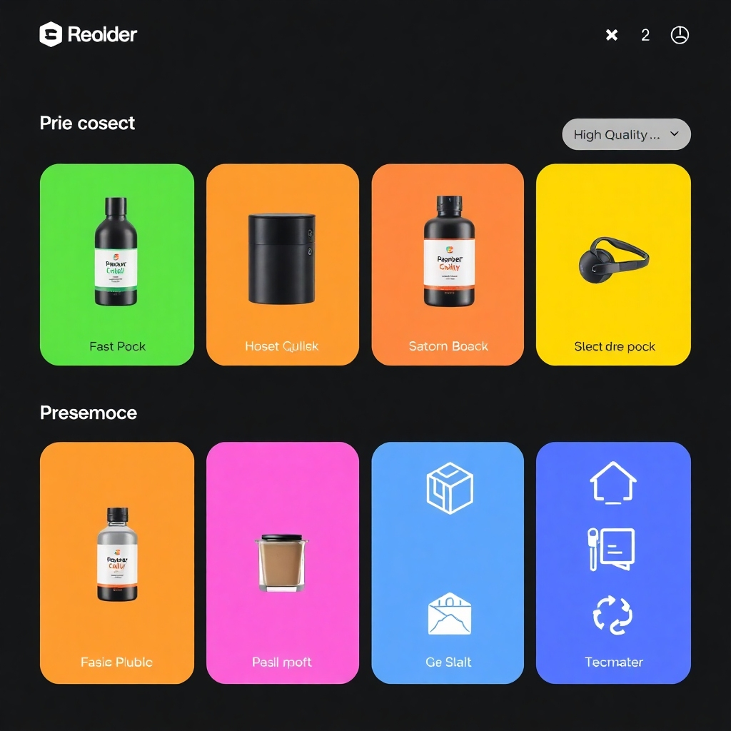 Una interfaz limpia y moderna que muestra las diferentes categorías de productos mediante etiquetas e iconos claros. Alta calidad (4K).