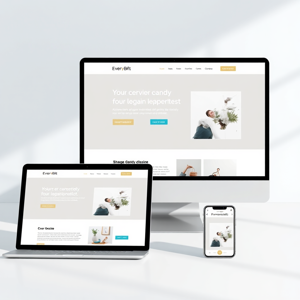 Una maqueta de diseño web limpio y moderno, visible en varios dispositivos (portátil, tableta, smartphone). El sitio web presenta un diseño responsivo y una interfaz intuitiva. La iluminación debe ser suave y natural, resaltando los elementos de diseño. La paleta de colores debe ser minimalista y profesional. Especificaciones técnicas: Resolución 4K, renderizado de alta calidad.