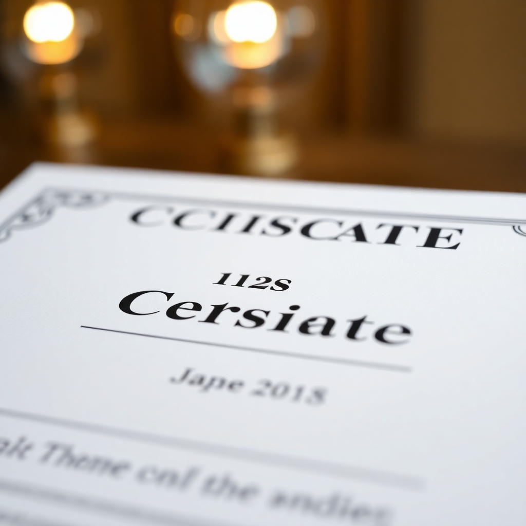 A close-up shot of a professionally designed certificate with clear details of course name, participant’s name, and completion date.  The certificate should look official and high-quality.  High-quality lighting, 8K resolution