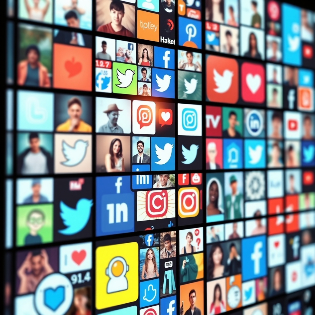 Un collage de iconos de redes sociales y contenido generado por el usuario, mostrado en una pantalla digital. El collage presenta una gama diversa de contenido y un diseño dinámico. La iluminación debe ser colorida y atractiva, capturando la esencia de las redes sociales. Especificaciones técnicas: Resolución 4K, renderizado de alta calidad.
