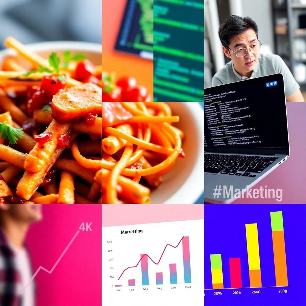 A collage-style image featuring diverse images representing various subjects. A close-up shot of a delicious meal, a laptop with code displayed, a person speaking a foreign language, and graphs representing marketing data. The color palette is bright and varied, reflecting the diversity of subjects offered. The lighting is sharp and clear. 4k resolution, bright colors, similar to high-quality magazine layout