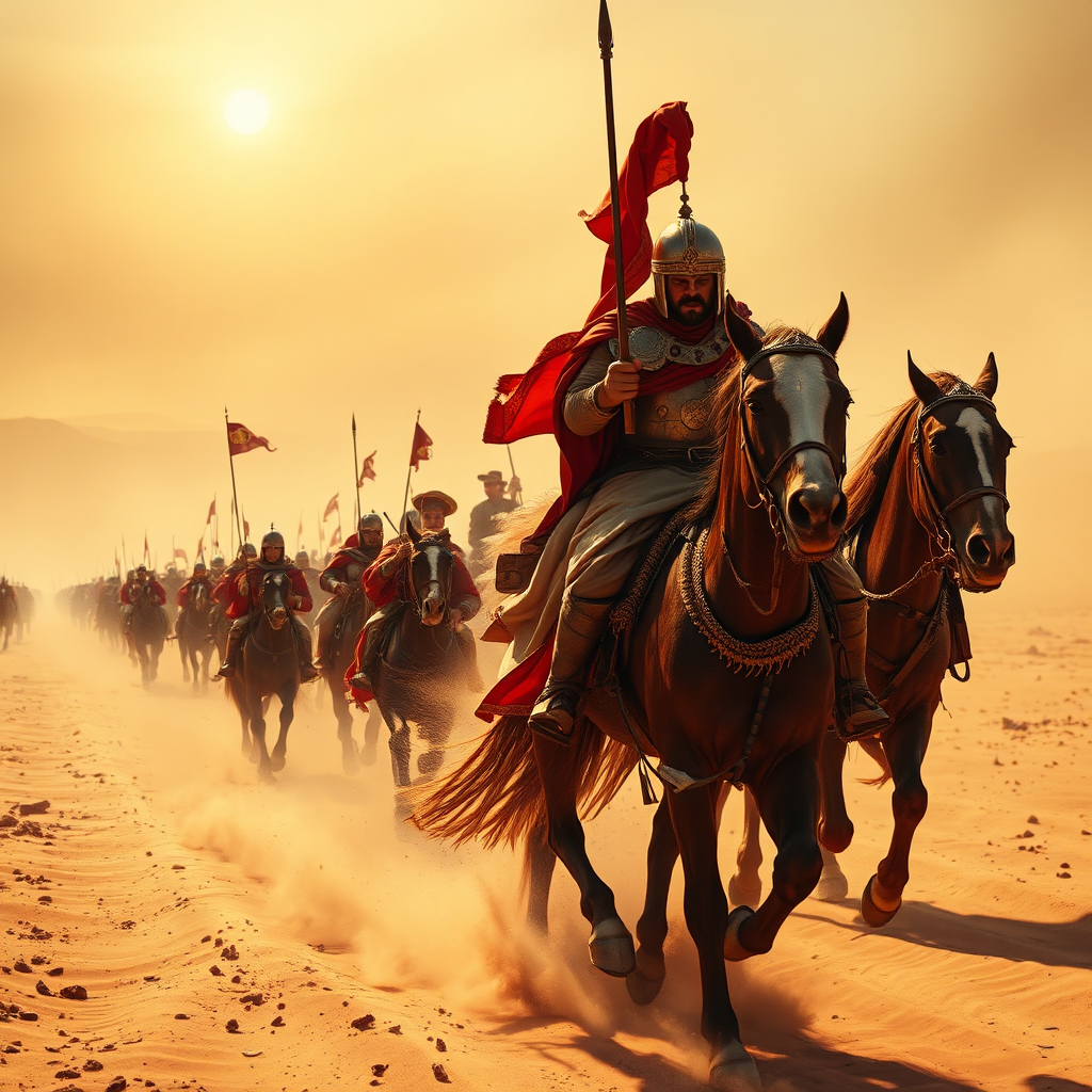 Una representación dramática y fotorrealista del ejército del faraón persiguiendo a los israelitas. La escena se desarrolla en el desierto, con el ejército avanzando a caballo y en carros. La iluminación es dura e implacable, con el sol cayendo a plomo sobre la escena. La paleta de colores está dominada por tonos rojizos, dorados y marrones, que reflejan el calor y el polvo del desierto. El ángulo de la cámara está bajo, mirando al ejército, enfatizando su poder y amenaza. Los detalles de las texturas incluyen la textura de la armadura de los soldados, el polvo levantado por los caballos y los detalles de los carros. Especificaciones técnicas: Resolución 4K, fotorrealista.