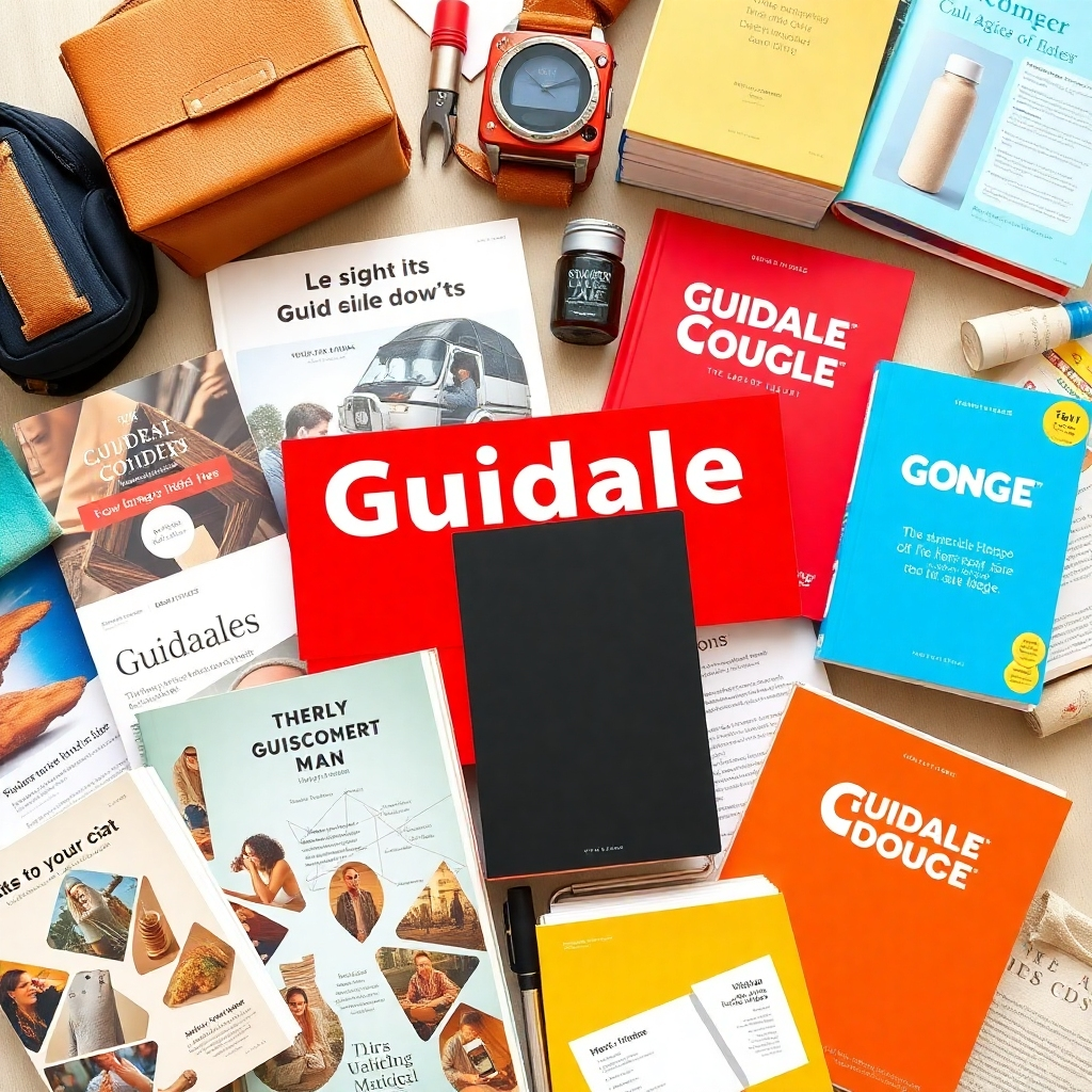 Imagen plana de diversas guías y recursos que ofrecen consejos útiles a los clientes, rodeados de productos relevantes. Alta calidad (4K).