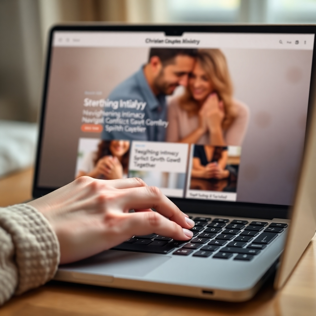 Una imagen hiperrealista de ultra alta definición que muestra la gestión de contenido para un sitio web de ministerio de parejas cristianas. La imagen debe ser un primer plano de una mano escribiendo delicadamente en el teclado de una computadora portátil, con una interfaz de sitio web claramente visible en la pantalla. El sitio web debe mostrar publicaciones de blog recientes con títulos como "Fortalecimiento de la intimidad", "Superación de conflictos" y "Crecimiento espiritual juntos". La combinación de colores debe reflejar calma y positividad, empleando pasteles suaves con tonos tierra sutiles. La iluminación debe ser natural y suave, creando una sensación de calidez e intimidad. El fondo debe ser una imagen ligeramente borrosa de una pareja amorosa rezando juntos o compartiendo un momento tierno, sugiriendo una comunidad personal y llena de fe. La imagen debe tener una profundidad de campo reducida, centrándose nítidamente en la mano y el teclado con un desenfoque suave en el fondo. El estilo general debe ser elegante y moderno, que recuerde el trabajo de fotógrafos de estilo de vida de renombre. Las texturas deben ser muy realistas; La sutil rugosidad de la superficie de la computadora portátil, las teclas suaves del teclado y el brillo suave de la pantalla son detalles esenciales. La imagen debe transmitir una sensación de atención a los detalles y dedicación a la creación de contenido impactante.