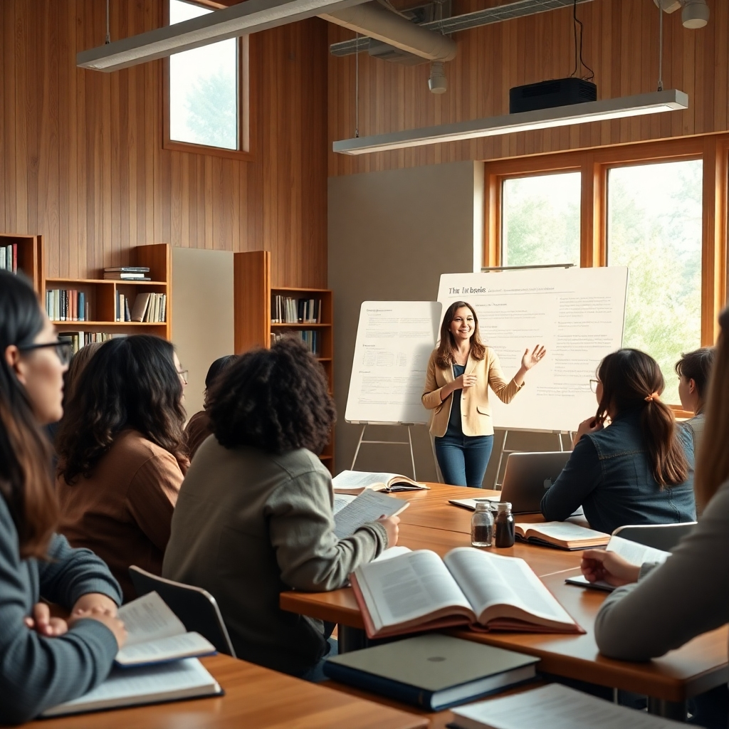 A hyperrealistic, ultra-high-quality 8K image depicting an inspiring workshop on biblical interpretation. The setting is a well-lit, modern classroom with large windows letting in soft, natural light. The color palette is warm and inviting, with natural wood tones and pops of color from students' notebooks and materials.  The composition should focus on a diverse group of students attentively participating in a discussion led by a charismatic, knowledgeable instructor.  The instructor, possibly a young, enthusiastic woman with a warm smile, is passionately explaining a biblical concept using visual aids such as a whiteboard with illustrative diagrams and textual excerpts.  The camera angle should be slightly elevated and at a distance to capture both the faces of the participants and the overall atmosphere of engagement. The lighting should be dynamic, combining natural soft light with additional focused light sources highlighting key elements in the classroom.  Textures should be meticulously detailed, from the paper texture of the notes to the smooth surface of the desks.  The background should include neatly organized bookshelves with a variety of theological and biblical texts.  Props may include projectors, laptop computers, and open Bibles. The style should emulate the documentary photography of Sebastião Salgado, striving for authenticity and emotional impact. The overall mood should convey intellectual stimulation and the joy of collaborative learning. The image should be brimming with detail, revealing the texture of clothing, the subtle expression on each face, and the reflective quality of the whiteboard.