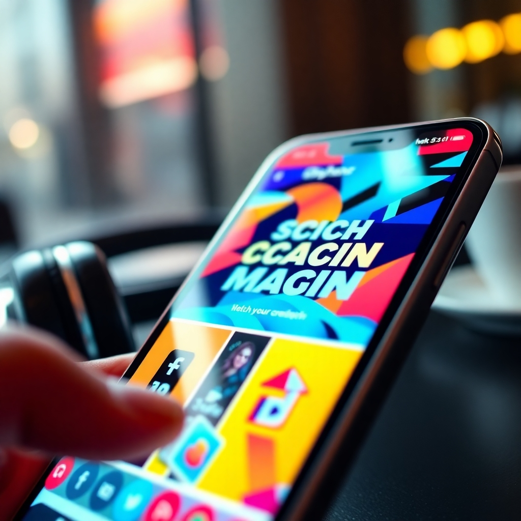 A hyperrealistic, ultra-high-quality 8K image showing a close-up of a smartphone displaying a vibrant and engaging social media campaign.  The color palette should be bright and dynamic, with a focus on bold colors that grab attention.  Dramatic side lighting highlights the smartphone screen. The camera angle is a close-up, emphasizing the details of the campaign's visual elements.  Textures include the smooth glass of the smartphone screen, the metallic frame, and the tactile texture of a user's finger interacting with the screen. Environmental elements are subtly included, suggesting a modern, urban setting. Props include headphones and a coffee cup in the background. Style reference: Gregory Crewdson's surreal, hyperrealistic style. The image should exhibit exceptional detail, from the pixels on the screen to the subtle reflections on the smartphone's surface.  The overall mood is one of excitement and anticipation, conveying the energy and reach of a successful social media campaign.
