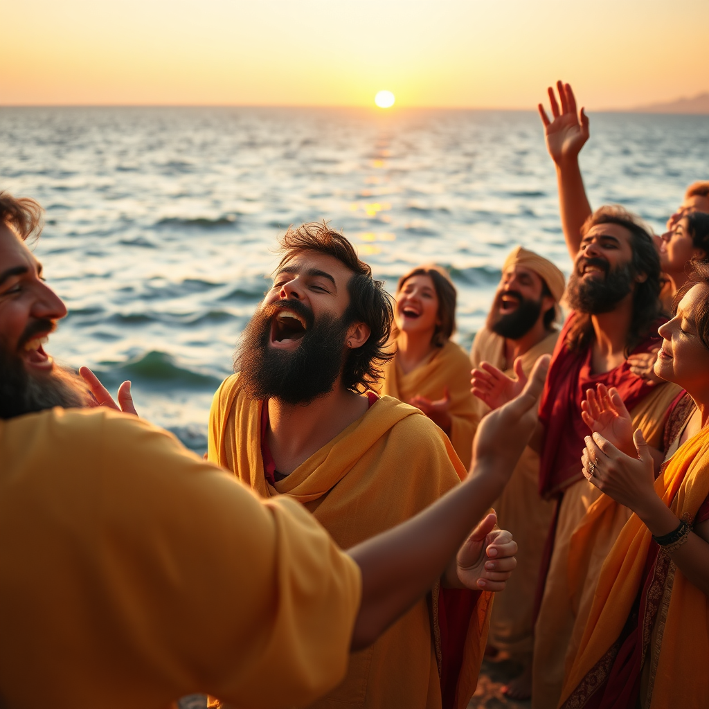 Una representación alegre y fotorrealista de los israelitas celebrando su libertad en la otra orilla del Mar Rojo. La escena transcurre al amanecer, con los primeros rayos del sol iluminando los rostros del pueblo. Se les muestra cantando, bailando y alabando a Dios por su liberación. La composición debe ser amplia y festiva, mostrando la felicidad y la gratitud del pueblo. La paleta de colores es cálida y acogedora, con tonos dorados, rojos y amarillos que dominan la escena. El ángulo de la cámara está ligeramente elevado, ofreciendo una vista panorámica de la celebración. Los detalles de las texturas deben ser hiperrealistas, capturando la textura de la vestimenta de los israelitas, los detalles de sus instrumentos musicales y la alegría en sus rostros. Especificaciones técnicas: Resolución 4K, fotorrealista.