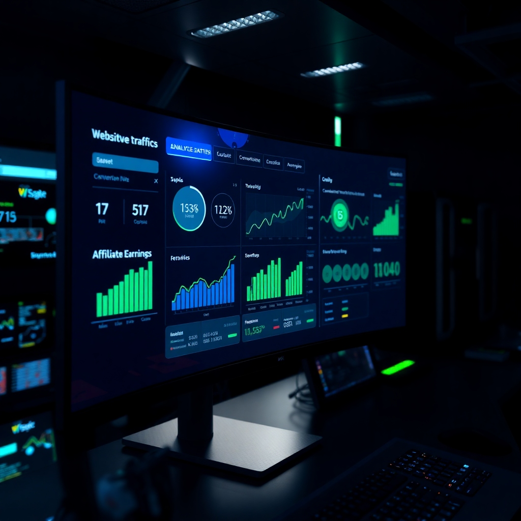 Una imagen fotorrealista en 8K que muestra una vista en primer plano de un panel de análisis en un monitor grande y curvo dentro de un entorno de sala de control moderno y de alta tecnología. La iluminación lateral dramática proyecta sombras y luces, creando un ambiente cómodo. La paleta de colores combina azules y verdes profundos, que simbolizan la tecnología y el crecimiento. El panel muestra indicadores clave de rendimiento (KPI), como el tráfico del sitio web, las tasas de conversión y las ganancias de afiliados, todos mostrando un crecimiento positivo. Los datos se presentan a través de gráficos y cuadros dinámicos que parecen actualizarse constantemente. El ángulo de la cámara está ligeramente elevado, lo que proporciona una vista imponente del panel. Las texturas incluyen el elegante vidrio del monitor, los acabados metálicos del equipo informático y las texturas sutiles del entorno circundante. El entorno incluye tecnología de punta, lo que sugiere capacidades avanzadas. El estilo es elegante y de alta tecnología, y hace referencia a imágenes del centro de control de misiones de SpaceX o la NASA. El ambiente es centrado, profesional y enfatiza el control y el éxito. La imagen es hiperrealista, con énfasis en los detalles nítidos y la iluminación realista.