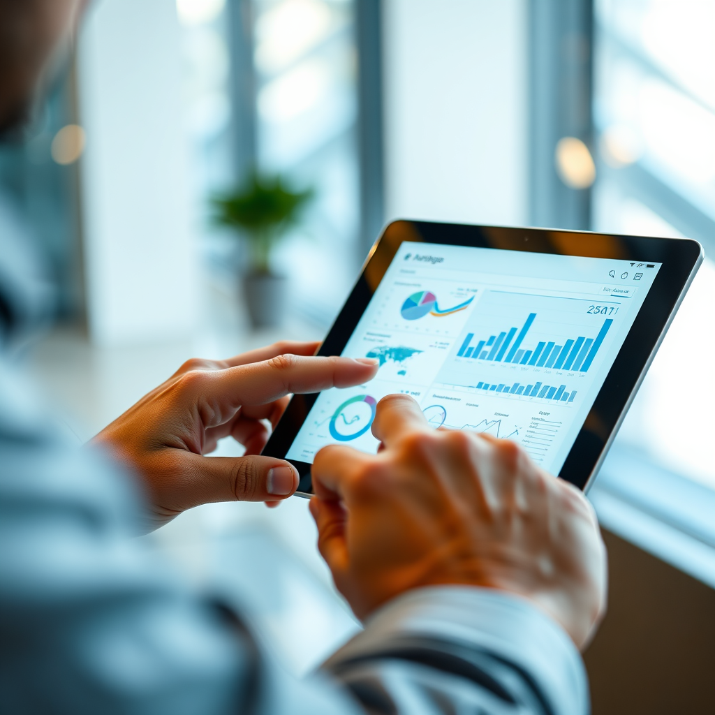 Primer plano fotorrealista de las manos de un estratega elaborando meticulosamente un plan de marketing digital en una tableta. La pantalla muestra visualizaciones de datos y gráficos de análisis de mercado. El entorno es una oficina moderna y bien iluminada. La iluminación debe centrarse en la pantalla, con una luz ambiental suave que inunde el fondo. La paleta de colores debe ser profesional y sofisticada, con tonos de azul, gris y blanco. El ángulo de la cámara debe ser ligeramente cenital, enfatizando la concentración y la atención al detalle del estratega. Las texturas deben ser muy detalladas, resaltando la elegancia de la tableta y la complejidad de las visualizaciones de datos. Las referencias de estilo incluyen fotografías de stock centradas en la estrategia empresarial y el marketing digital. Especificaciones técnicas: Resolución 4K, alta calidad.