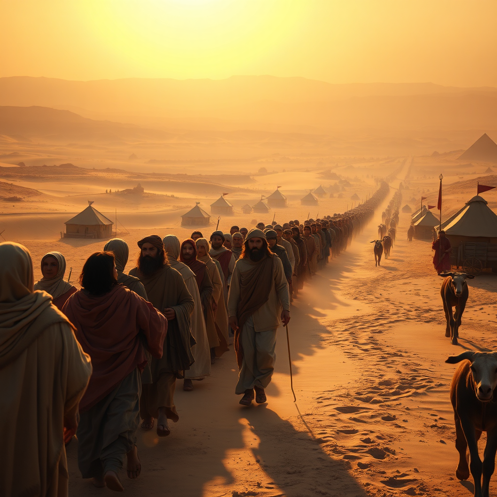 Una representación fotorrealista de los israelitas saliendo de Egipto, con Moisés guiándolos. La escena transcurre al amanecer, con una larga fila de personas que se extiende a lo lejos. La iluminación es cálida y acogedora, con los primeros rayos de sol iluminando la escena. La paleta de colores está dominada por tonos marrones, beige y dorados, que reflejan el paisaje desértico. El ángulo de la cámara está ligeramente elevado, ofreciendo una vista panorámica de la escena. Los detalles de textura incluyen la textura de la ropa de las personas, el polvo del suelo y los detalles del paisaje. El entorno incluye tiendas, carretas y animales. Referencia de estilo: Considere las pinturas de escenas de migración en obras de arte históricas. Especificaciones técnicas: Resolución 4K, fotorrealista.