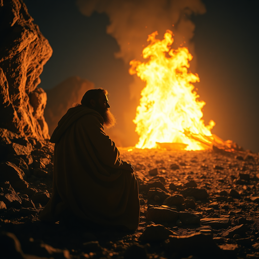  Representación fotorrealista de Moisés recibiendo el llamado de Dios en la zarza ardiente. La escena se desarrolla al pie del Monte Sinaí, con un primer plano de Moisés arrodillado ante la zarza, que brilla intensamente. La iluminación es impactante, y la zarza proyecta un brillo cálido y etéreo sobre el rostro y la túnica de Moisés. El entorno, rocoso y desolado, enfatiza el aislamiento de Moisés y la naturaleza divina del encuentro. El ángulo de la cámara es ligeramente bajo, mirando hacia arriba, hacia Moisés y la zarza ardiente, lo que realza el poder y la majestuosidad del evento. Los detalles de las texturas incluyen las llamas crepitantes de la zarza, la textura rugosa de las rocas y la tela desgastada de la túnica de Moisés. Considere una paleta de colores dominada por tonos cálidos de naranja, rojo y dorado. Referencia de estilo: La iluminación impactante de Caravaggio combinada con una representación fotorrealista moderna. Especificaciones técnicas: Resolución 4K, fotorrealista.