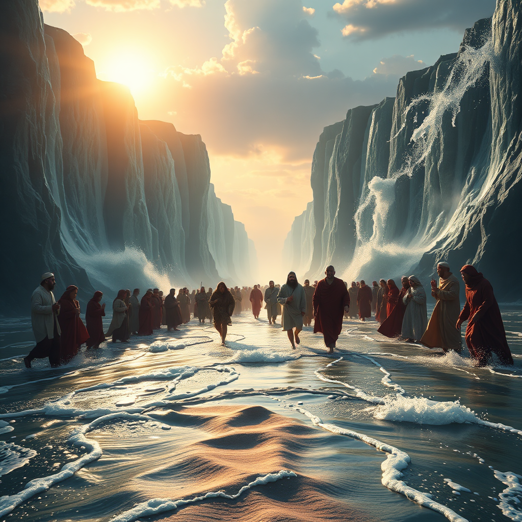 Una representación fotorrealista de los israelitas cruzando el Mar Rojo a través de las aguas divididas. La escena transcurre al amanecer, con los primeros rayos de sol iluminando el camino entre las imponentes murallas de agua. Los israelitas caminan con asombro y gratitud, con rostros llenos de alivio y esperanza. La composición debe ser amplia y épica, mostrando la magnitud del milagro. La paleta de colores está dominada por tonos azules y verdes, con toques dorados y rojos en el cielo. El ángulo de la cámara está ligeramente elevado, ofreciendo una vista panorámica de la escena. Los detalles de las texturas deben ser hiperrealistas, capturando el movimiento y la salpicadura del agua, la textura de la arena del fondo marino y los detalles de la vestimenta de las personas. Especificaciones técnicas: Resolución 4K, fotorrealista.