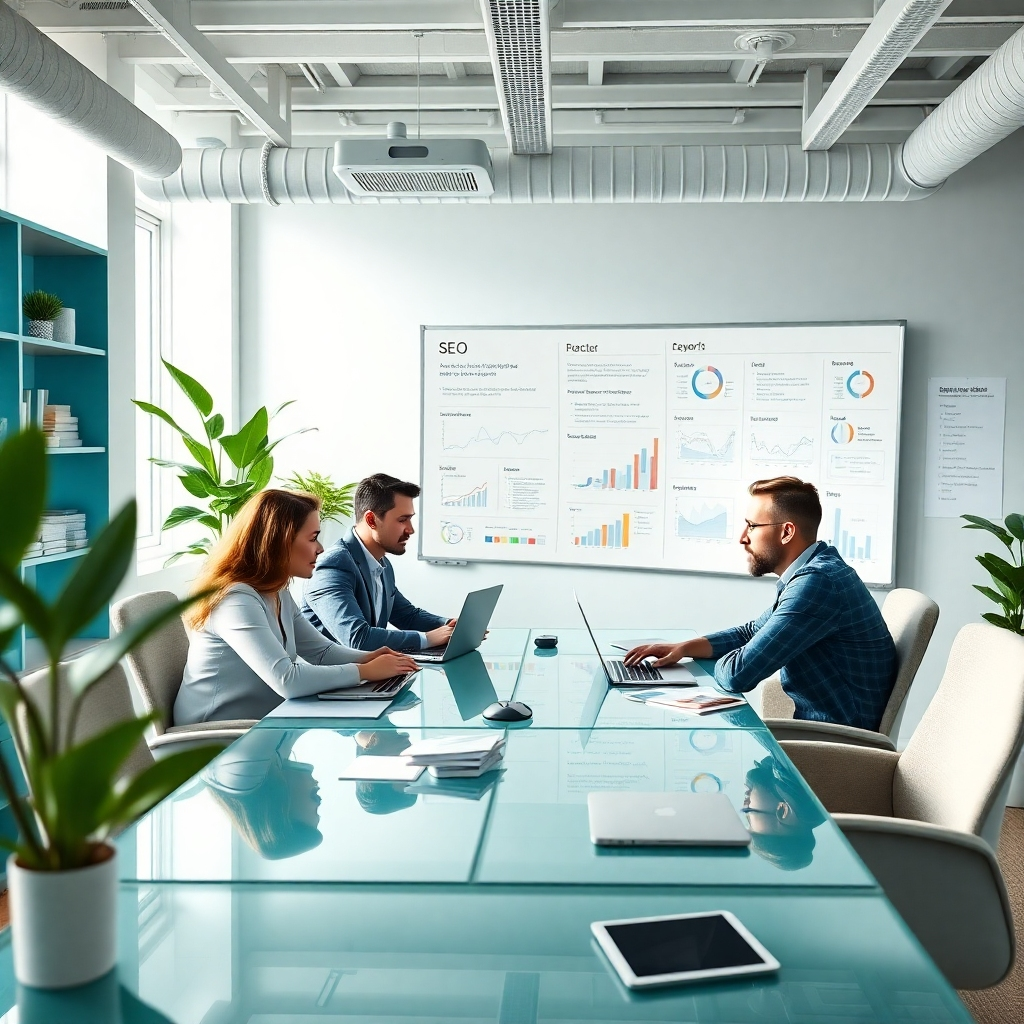 A photorealistic image, 8K resolution, depicting a bright, modern office with a team of SEO specialists working collaboratively on a project. The color palette is clean and professional, with a teal and white color scheme representing technology and cleanliness.  Soft, diffused lighting creates a calm and productive atmosphere. The camera angle is slightly high, providing a broad perspective of the workspace. Textures include smooth glass desktops, metallic laptop surfaces, and soft fabric chairs.  Environmental elements include plants, bookshelves, and a large whiteboard filled with keywords and data charts. Props include laptops, tablets, and SEO analysis tools. Style reference: Steve McCurry's photojournalistic style. The scene should be hyperrealistic and ultra-detailed, showing the fine details of the office environment and the focused expressions of the team members. The overall mood is one of focused collaboration and success. The image must capture the sense of strategic planning and data analysis crucial to successful SEO.