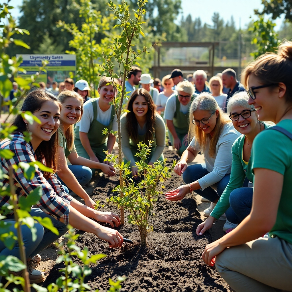 A photorealistic image depicting a group of volunteers, mostly young adults but with some older people, working together in a community garden. They are smiling and interacting positively, planting trees, tending crops, and engaging in various activities.  The scene should be bright and sunny, showing a sense of collaboration and shared purpose. There should be a strong feeling of positivity, community spirit, and helping others.