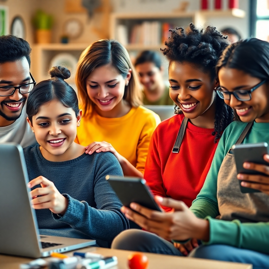 Una imagen fotorrealista que muestra a un grupo diverso de personas de diferentes edades y orígenes participando activamente en diversos cursos en línea. Una persona podría estar programando, otra aprendiendo un idioma con una aplicación y otra siguiendo un tutorial de cocina. El fondo debe sugerir un entorno de aprendizaje en línea dinámico y diverso.