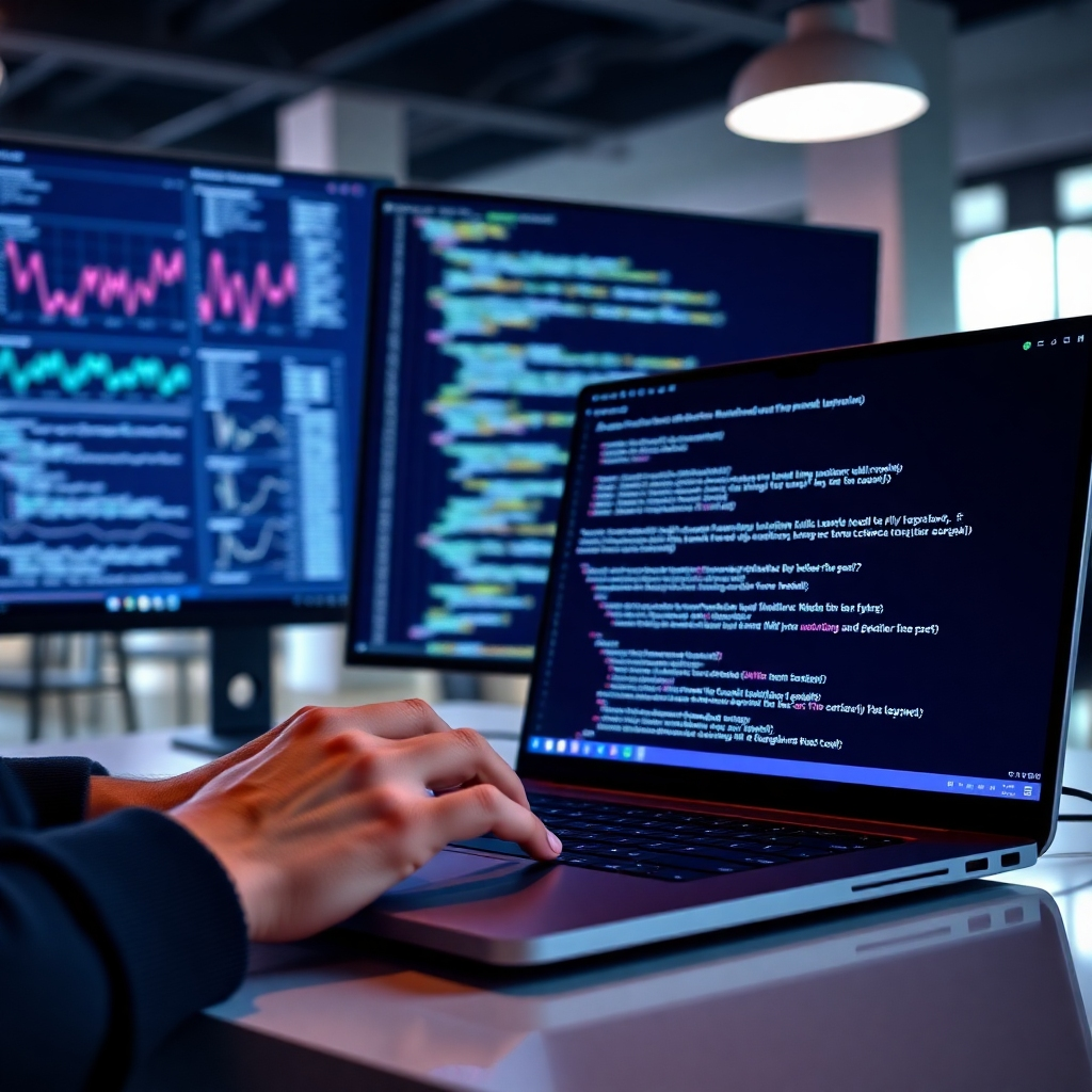 A photorealistic image depicting a person's hands actively coding on a laptop, with a large monitor displaying lines of code related to machine learning models. The background should subtly show charts and graphs representing the results of the machine learning model.  The setting is a bright and modern workspace.