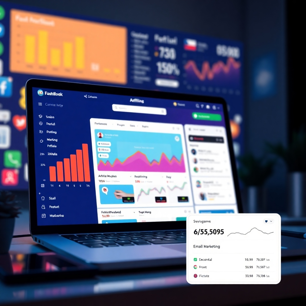 Una imagen fotorrealista que muestre un panel de control de redes sociales dinámico que muestre una alta participación en publicaciones relacionadas con el marketing de afiliados. La imagen también debe incluir una computadora portátil que muestre el sitio web del afiliado, con un pequeño recuadro que muestre estadísticas de marketing por correo electrónico, lo que enfatiza el efecto sinérgico de múltiples canales promocionales.
