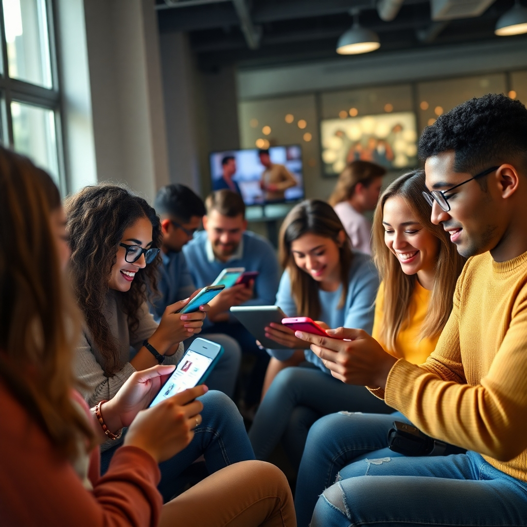 A photorealistic image depicting a diverse group of people actively engaging with social media posts on their smartphones and laptops.  The image should showcase a vibrant and positive atmosphere, with branded content subtly integrated.