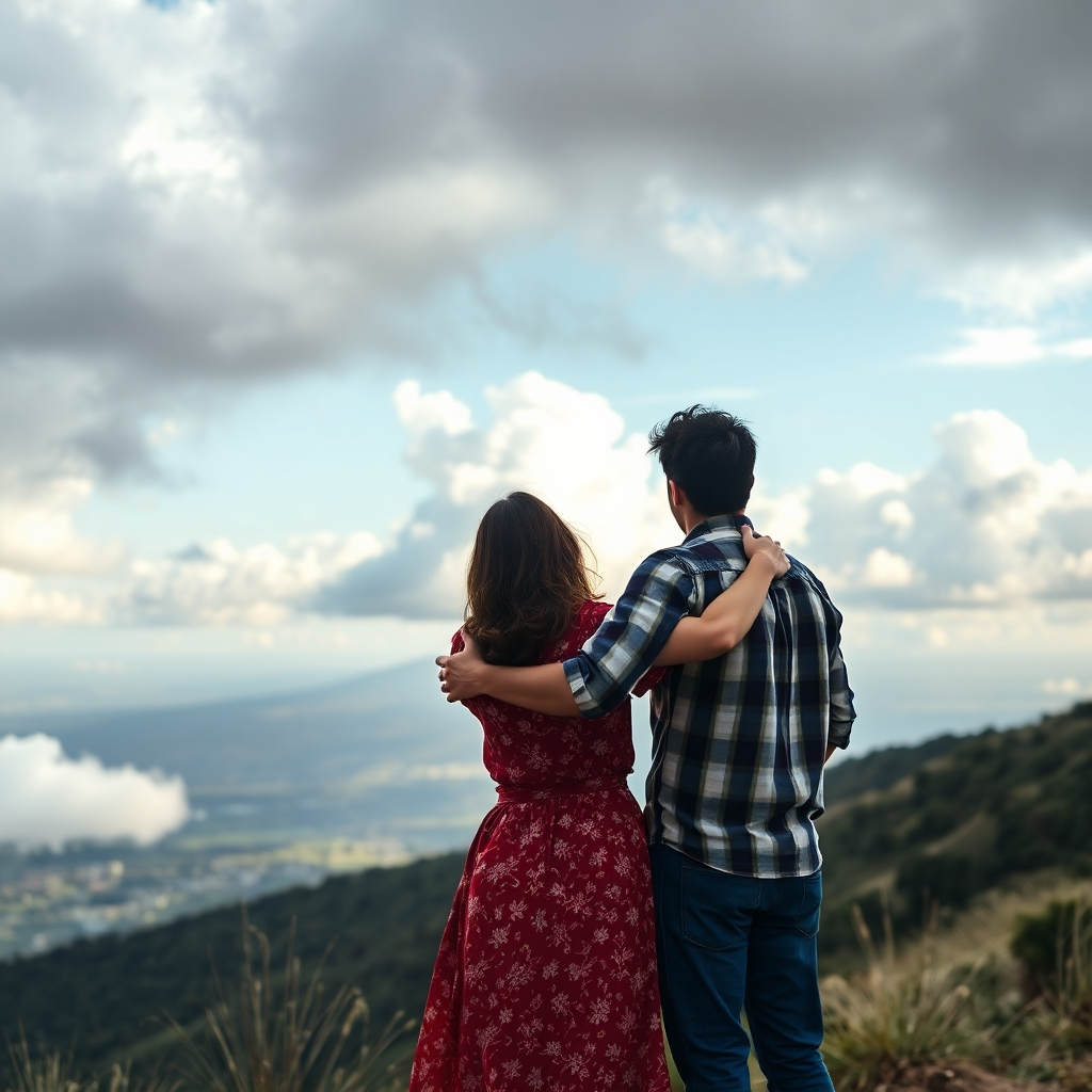 Una imagen fotorrealista que muestra a una pareja cristiana de unos 20 años abrazándose en señal de apoyo. Están de pie en una colina con vistas a un hermoso paisaje, que simboliza la esperanza y la resiliencia. El cielo está parcialmente nublado, lo que representa los desafíos de la vida. El estado de ánimo general es de aliento y confianza en Dios. Apunte a una calidad cinematográfica e inspiradora con alta resolución e iluminación dramática.
