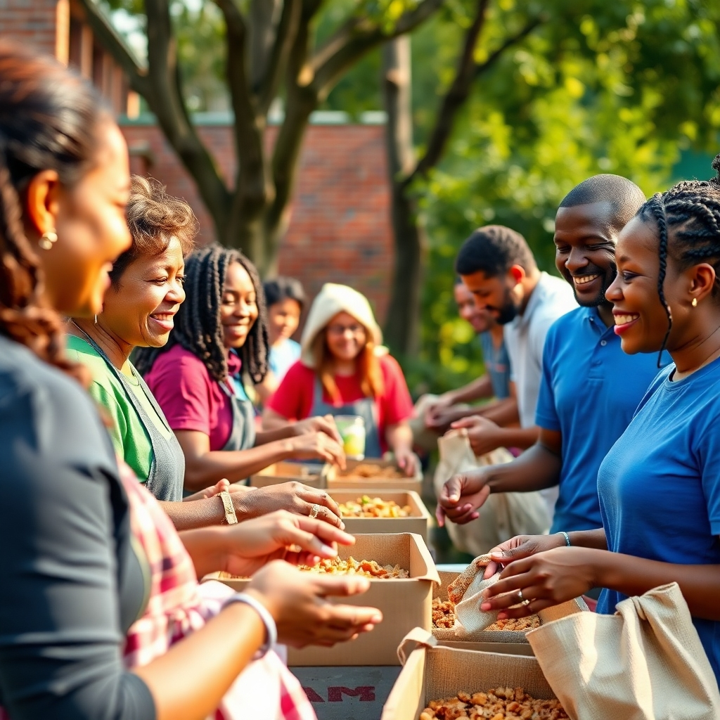 A photorealistic image depicting volunteers from the church actively participating in a community service project, such as serving food to the homeless or cleaning up a park. Show diverse people working together collaboratively, radiating compassion and joy. High resolution, detailed textures, natural lighting, vibrant colors