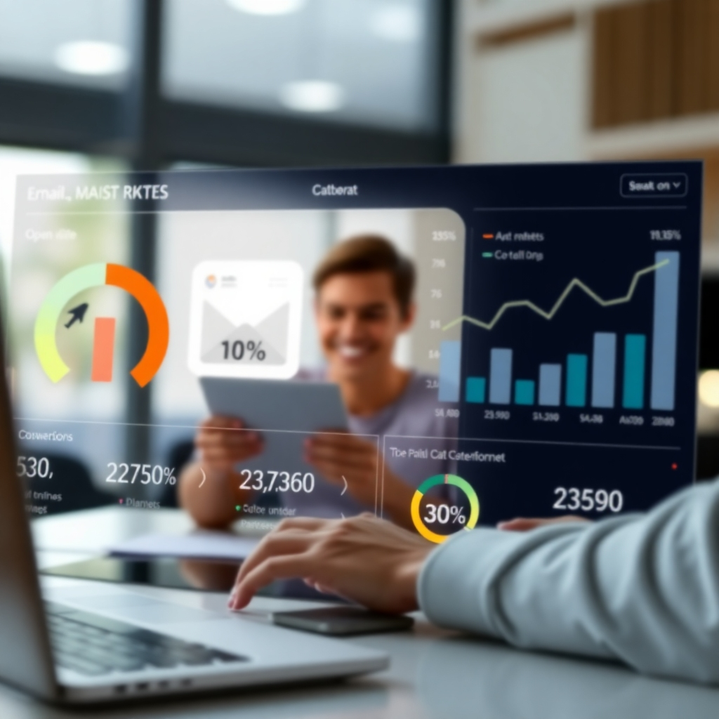A photorealistic image depicting a professional-looking email marketing dashboard displaying key metrics such as open rates, click-through rates, and conversions. In the background, a blurred image of a happy customer receiving a promotional email on their laptop should be visible. The overall tone should be clean, modern, and data-driven.
