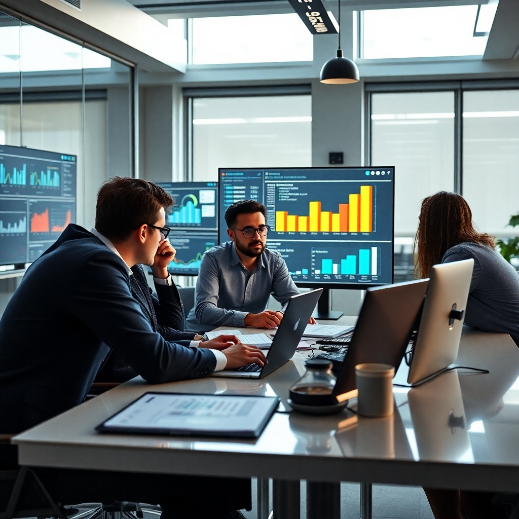 A photorealistic image depicting a team of marketing professionals sitting around a table, deeply engaged in analyzing market research data displayed on multiple screens and charts. The mood should be focused and collaborative, with a bright and modern office setting in the background.  High-resolution, detailed visuals are essential.