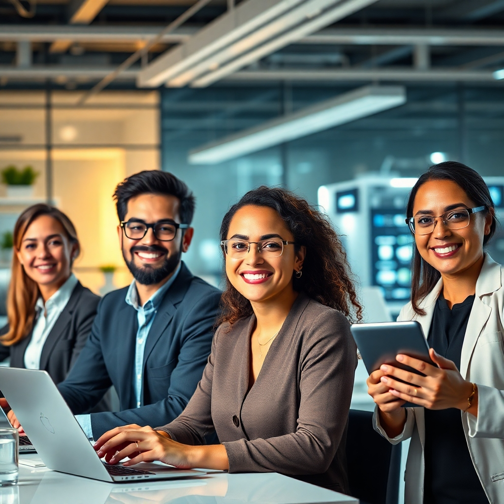 A photorealistic image depicting a diverse group of professionals in various settings (e.g., a modern office, a tech startup, a research lab) successfully using AI-related skills in their work, with happy and satisfied expressions.  The image should convey professionalism, innovation, and success. The backgrounds should suggest modern and cutting-edge technology.