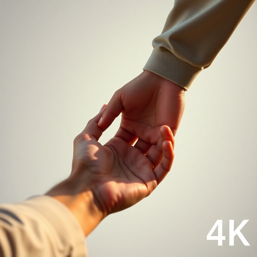Una imagen fotorrealista que muestra una mano que se extiende a otra persona. La foto debe transmitir amabilidad y compasión. La iluminación debe ser cálida y suave. Resolución 4K.