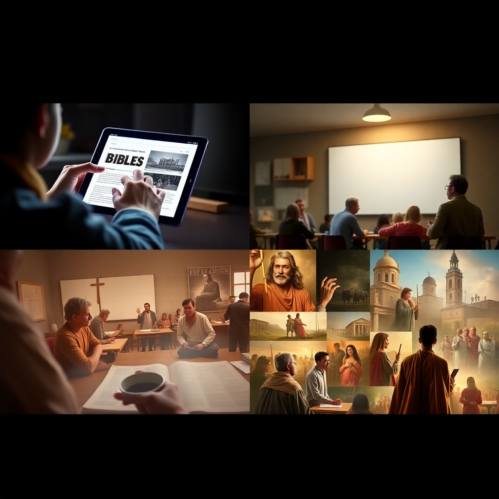 A photorealistic image depicting a variety of scenes related to different aspects of bible study.  One section shows a person using a tablet for online bible study. Another section displays a group studying in a physical classroom, focusing on interactive engagement with the text. The third section subtly showcases images representing diverse biblical themes, such as parables, historical figures, and significant events.  The background should have a subtle, almost ethereal glow that symbolizes enlightenment and spiritual growth.