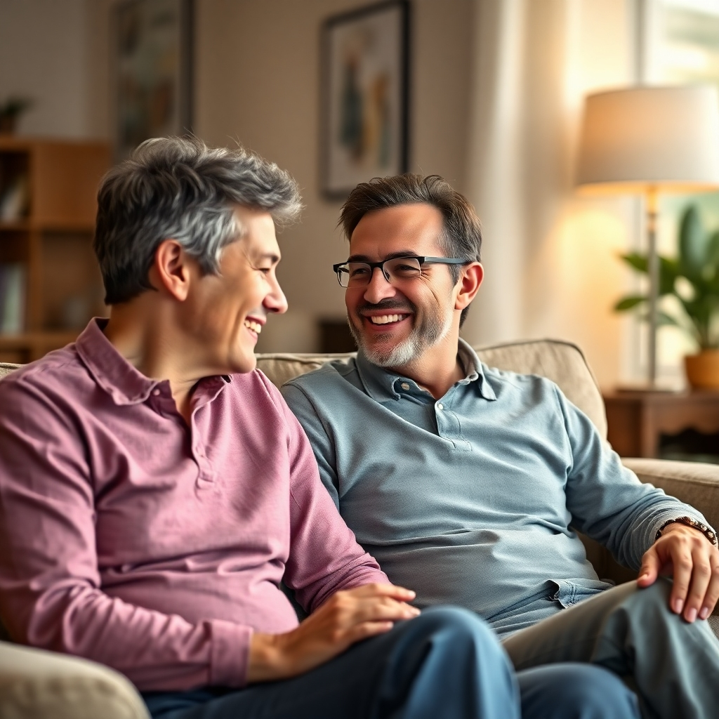  Una imagen fotorrealista que muestra a una feliz pareja cristiana entablando una conversación tranquila y amorosa. Podrían estar sentados en un cómodo sofá en una sala de estar bien iluminada, mostrando sonrisas genuinas y un lenguaje corporal que refleje comprensión y respeto mutuos. El fondo debe estar desenfocado para mantener el foco en ellos, utilizando una profundidad de campo reducida y una iluminación cálida. Alta resolución, calidad 8k, iluminación natural