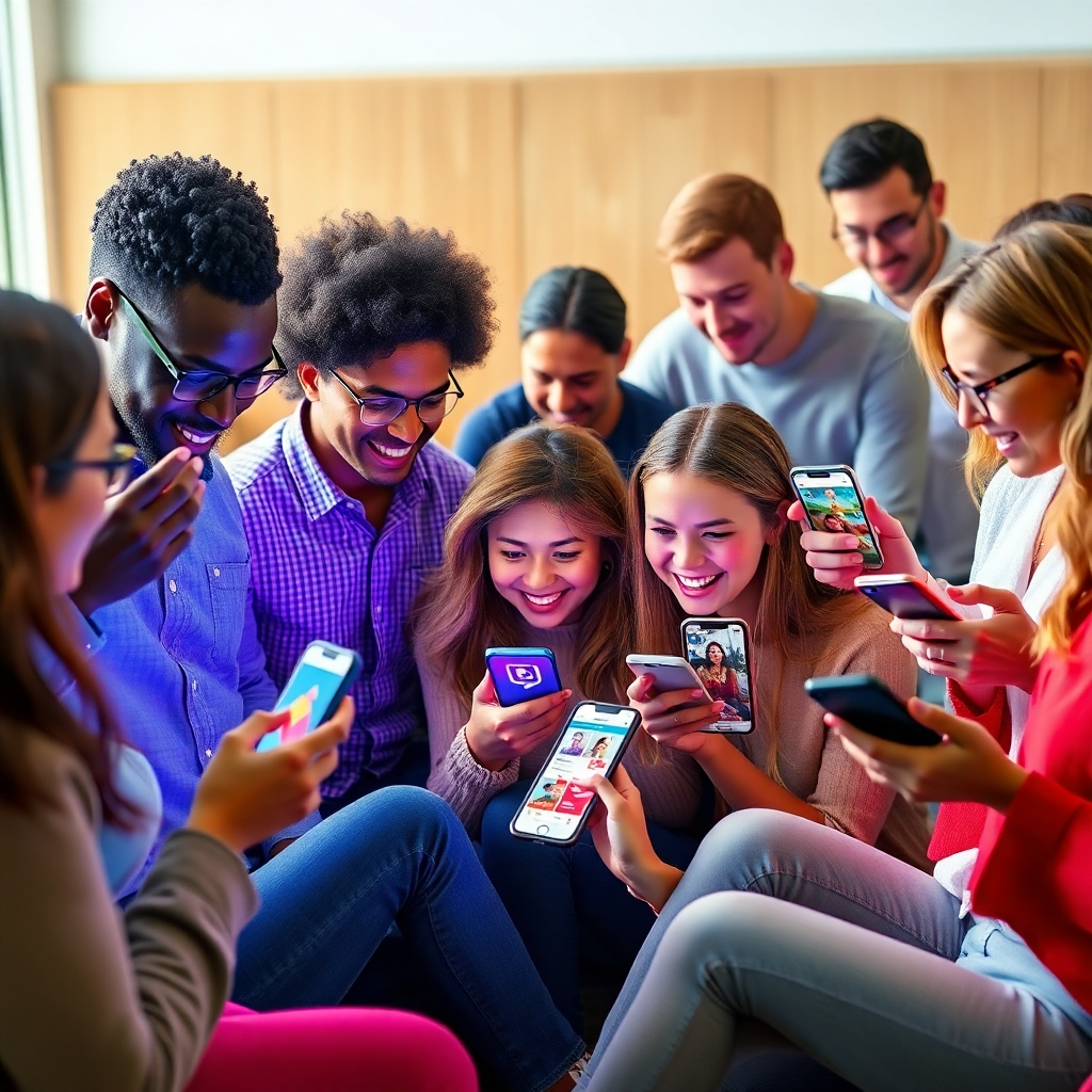 A photorealistic image depicting a diverse group of people interacting positively on various social media platforms.  Show vibrant, engaging content such as posts, stories, and comments. The image should evoke a sense of community and connection. Focus on bright, clear visuals and a positive atmosphere.  The style should be modern and visually appealing, with a realistic portrayal of people using different social media apps on smartphones and laptops.