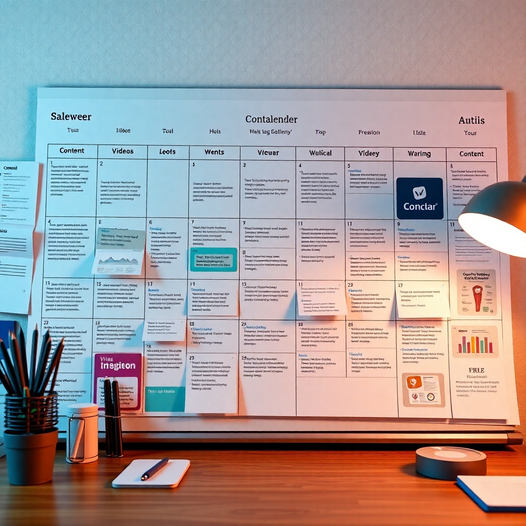 A photorealistic image depicting a content calendar meticulously organized, showcasing a variety of content formats such as blog posts, social media updates, videos, and infographics, each aligned to a specific marketing goal and target audience. The overall image should convey a well-structured and efficient content marketing plan.