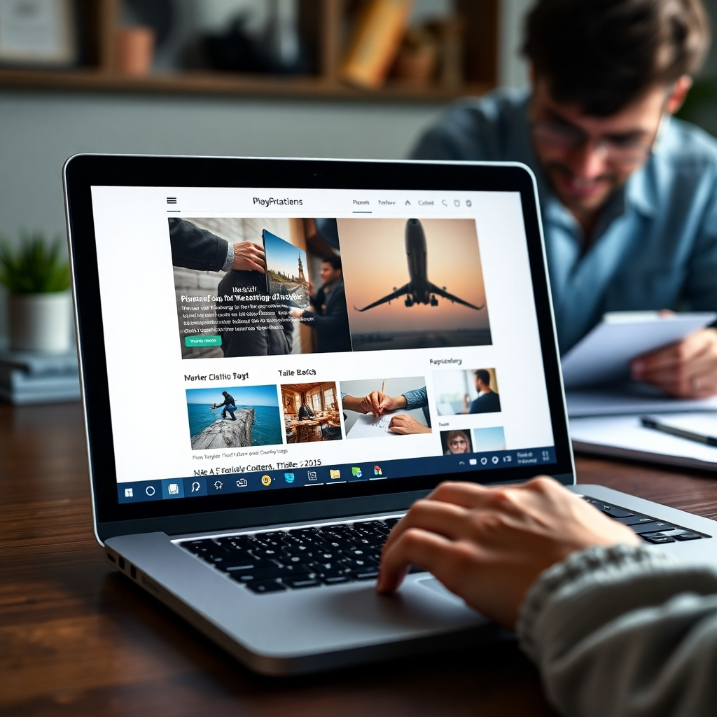 Una imagen fotorrealista que muestra la pantalla de una computadora portátil que muestra una publicación de blog bien diseñada con imágenes de alta calidad y texto atractivo. El fondo debe mostrarse sutilmente a una persona escribiendo y editando el artículo, lo que implica el proceso de creación de contenido valioso.