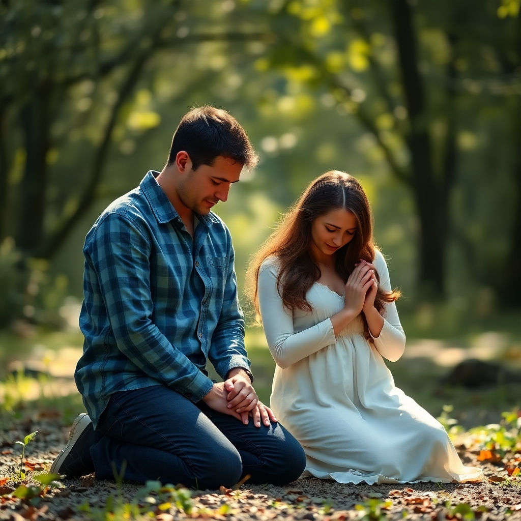 Una imagen fotorrealista de una pareja cristiana de unos 30 años, arrodillada y rezando. Están en un entorno sereno y lleno de naturaleza, tal vez un jardín o un claro del bosque. Una luz suave y natural los ilumina. La imagen debe transmitir una sensación de paz, intimidad y conexión espiritual. Es importante que la imagen tenga una alta resolución y que se preste atención a los detalles.