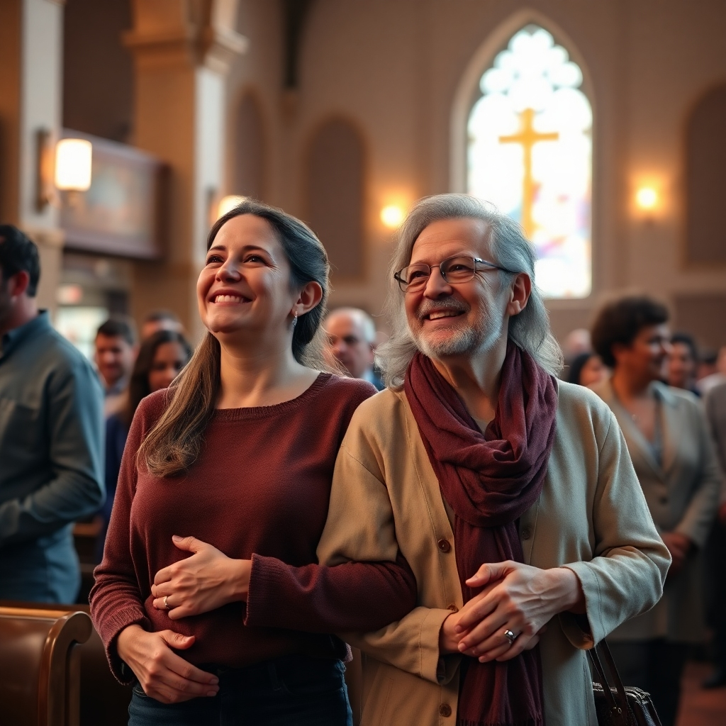  Una imagen fotorrealista de una pareja cristiana que asiste a un servicio religioso juntos, tomados de la mano, con una expresión serena y esperanzada en sus rostros. El fondo debe ser un hermoso interior de una iglesia, posiblemente durante una sesión de adoración, con una iluminación suave y cálida y gente a su alrededor. El énfasis debe estar en la experiencia de fe compartida de la pareja, mostrando un sentido de comunidad y pertenencia. Alta resolución, calidad 8k, iluminación suave